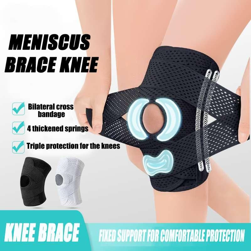 Ultimate Meniscus Knee Support Brace with Side Stabilizers for Meniscal Tear ACL MCL Arthritis Breathable Adjustable Black Bilateral Cross Bandage 4 Thickened Springs Triple Protection Knee Pad