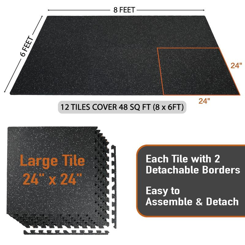 AIRHOP 0.79-Inch Thick 48 Sq Ft Interlocking Exercise Mats, 12 High-Density EVA Foam Tiles with Upgraded Rubber Top for Home Gym Flooring, Black & White